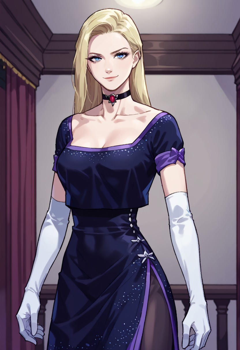 Score_9_up, score_8_up, score_7_up, source_realistic, BREAK smug, 1girl, solo, alexiaash, blonde, long hair, blue eyes, choker, dress, collerbone, breasts, elbow gloves,