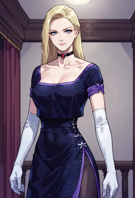 Score_9_up, score_8_up, score_7_up, source_realistic, BREAK smug, 1girl, solo, alexiaash, blonde, long hair, blue eyes, choker, dress, collerbone, breasts, elbow gloves,