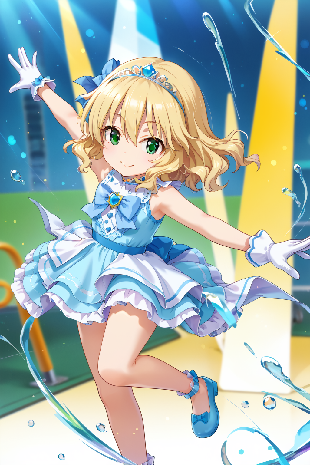 score_9, source_anime,
1girl, solo, light particles, blurry background, depth of field,
light smile
BREAK
<lora:SakuraiMomoka_pony_v1:0.6>,
skrimmk, short hair, blonde hair, wavy hair, hairband, hair bow, bangs, hair between eyes, green eyes,
jumping
BREAK
<lora:sdxl-little_my_cinderella-v1:1>,littlemycinderella,dress, sleeveless,gloves,Tiara