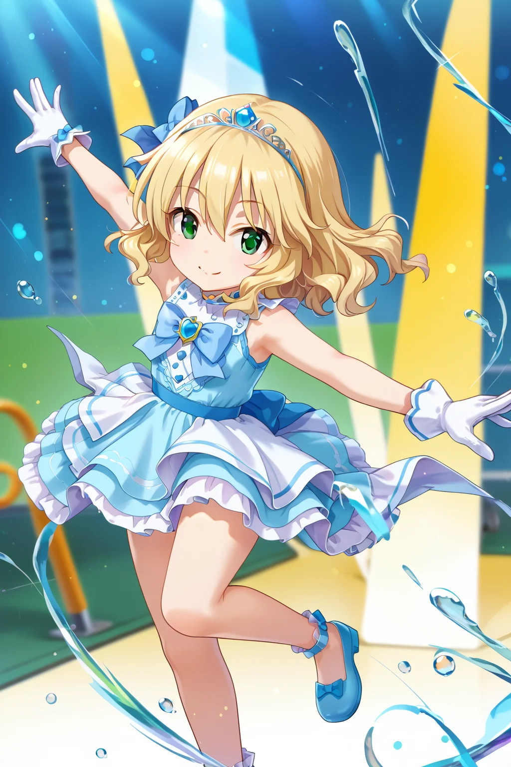 score_9, source_anime,
1girl, solo, light particles, blurry background, depth of field,
light smile
BREAK
<lora:SakuraiMomoka_pony_v1:0.6>,
skrimmk, short hair, blonde hair, wavy hair, hairband, hair bow, bangs, hair between eyes, green eyes,
jumping
BREAK
<lora:sdxl-little_my_cinderella-v1:1>,littlemycinderella,dress, sleeveless,gloves,Tiara
