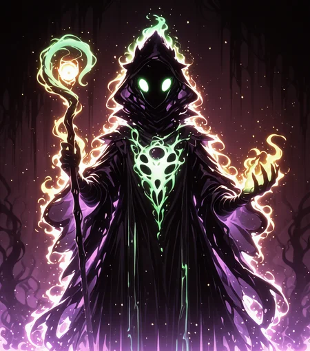 <lora:Shadows_v3_Buns:0.75> sh4d0wv3, black silhouette, solo, colorful aura, Plague Seer, tattered black robes, glowing green staff, swarming locusts, cursed fields, masterpiece, best quality, amazing quality