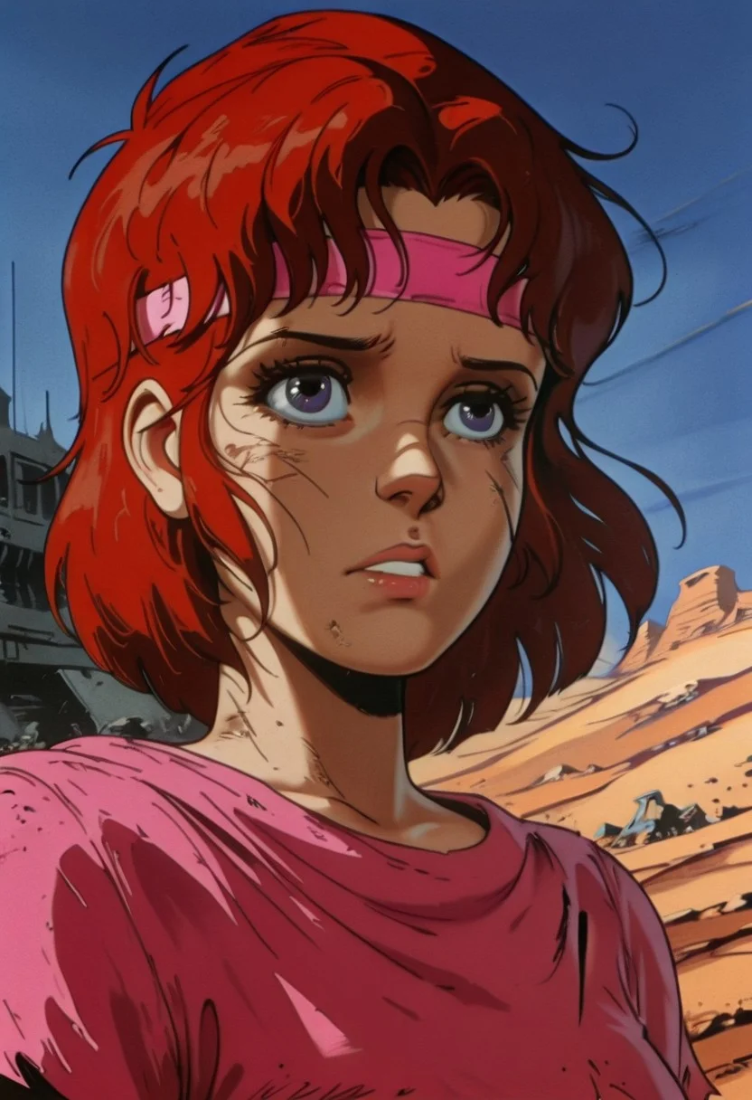 L1n, red hair, headband, purple eyes, torn clothes, shirt, retro artstyle, desert, post-apocalyptic, science fiction, dieselpunk, detailed, portrait, solo, masterpiece, pink clothing,