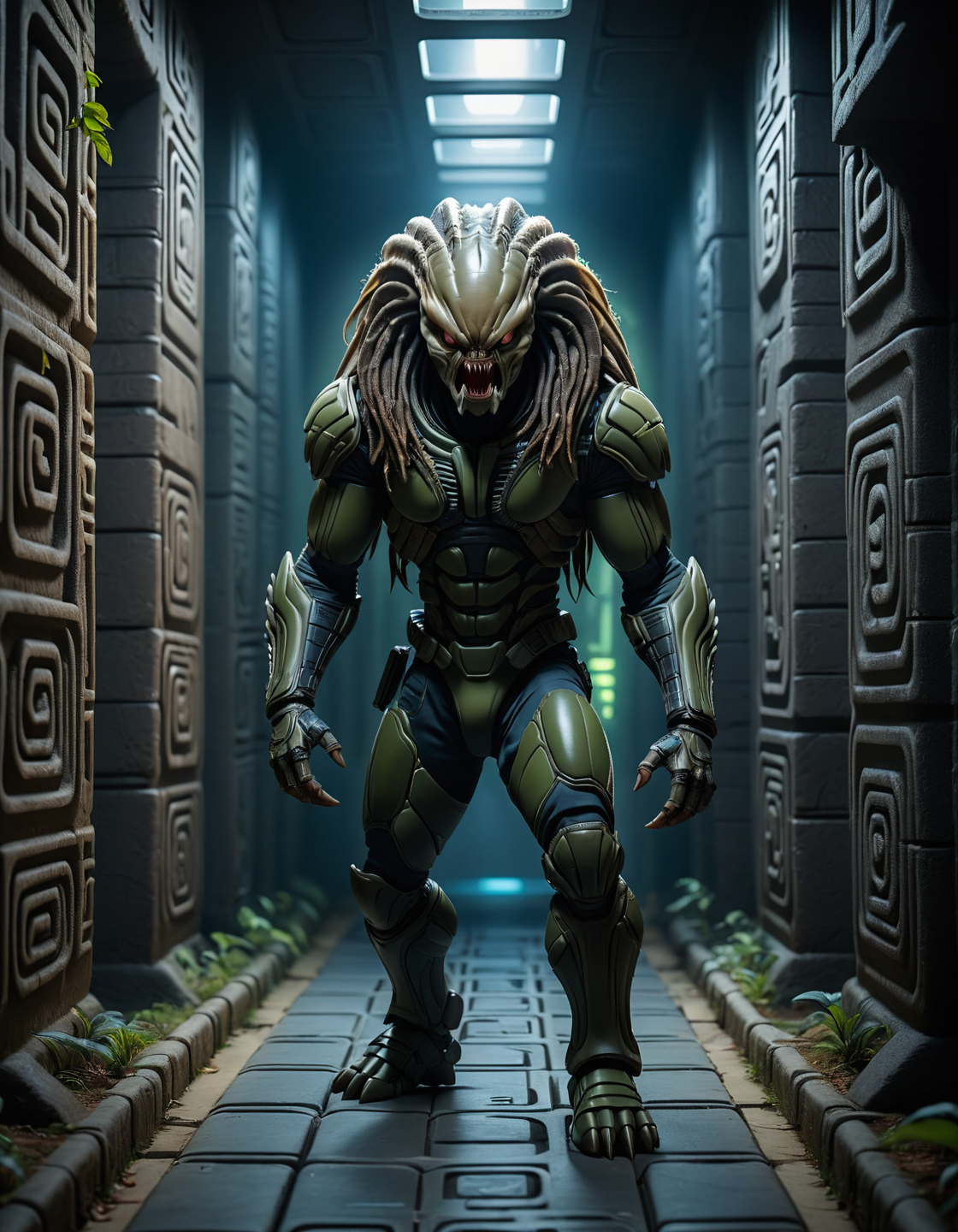 Alien predator stalking a crew in a maze-like space maze., (digital cinematic color grading natural lighting cool shadows warm highlights soft focus actor directed cinematography dolbyvision :1.3)