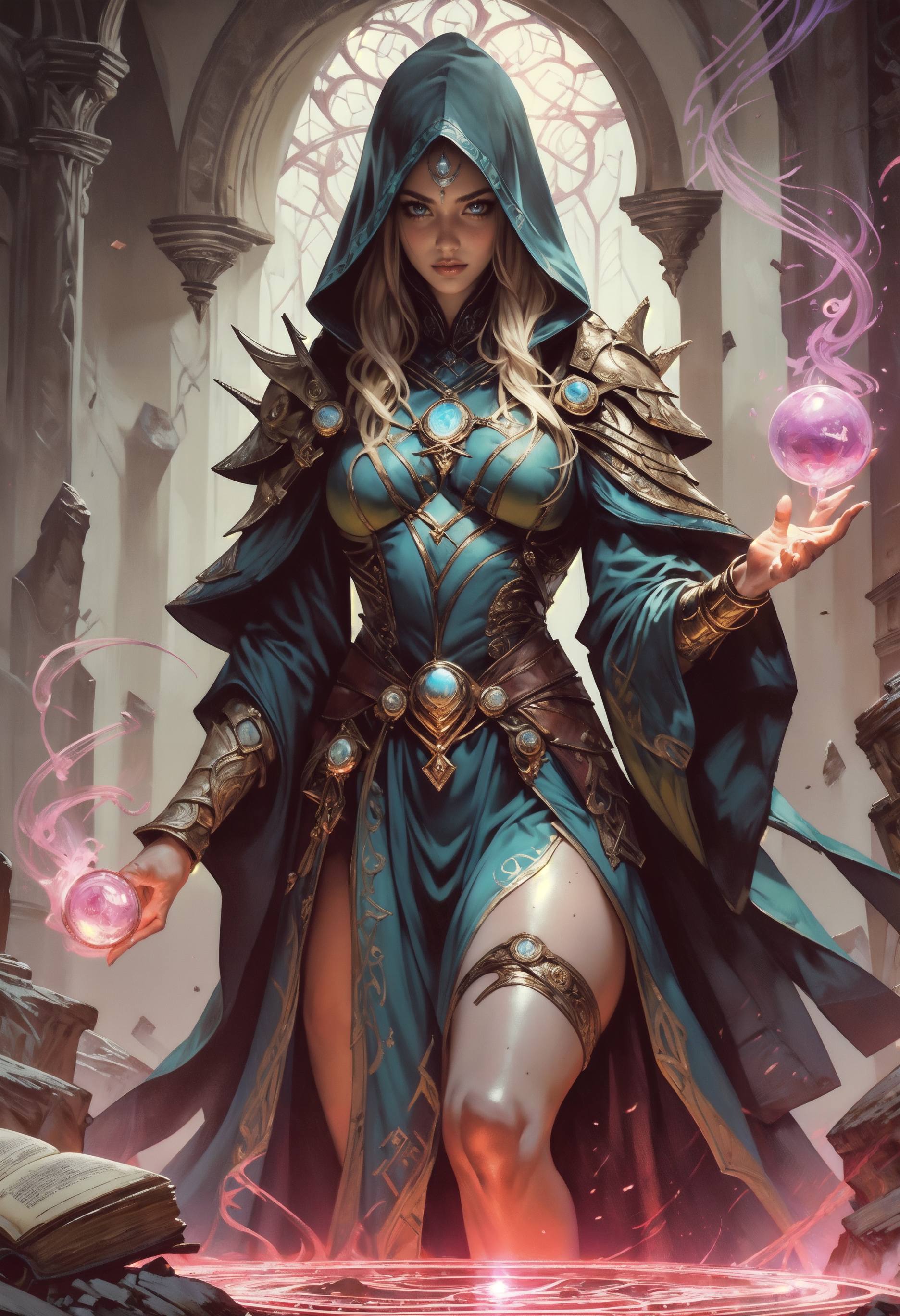 score_9, score_8_up, score_7_up, score_6_up, score_5_up, score_4_up,  sorceress, casting earth magic spells, black hood, medium breasts, colorful eyes, freckles, blonde hair, magic circle, thigh strap, petite, 1girl, delicate and smooth skin, blush, perfect body, thighs, large breasts, highly detailed, glossy lips, looking at viewer, tomes in background, magic book, ritual, vials, potion,    <lora:Fant5yP0ny:0.8>,  <lora:Fantasy_Wizard__Witches_PonyV2:0.8> hkmagic 