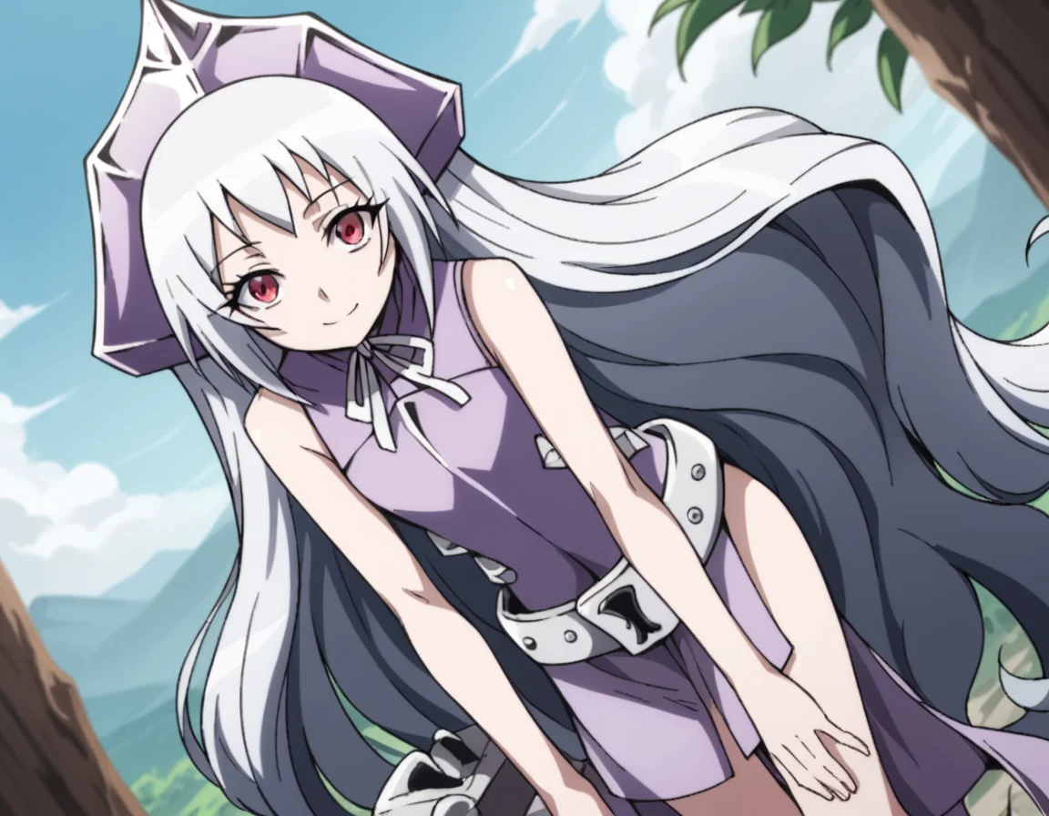 score_9, score_8_up, score_7_up, source_anime,
ironmaidenjeanne, <lora:iron-maiden-jeanne-2021-ponyxl-lora-nochekaiser:1>,
jeanne, long hair, very long hair, white hair, red eyes,
dress, sleeveless, purple dress, ribbon, headgear, hat, belt, bare shoulders, legs, bare legs,
outdoors, smile, bent over,
looking at viewer, cowboy shot, solo, dutch angle
