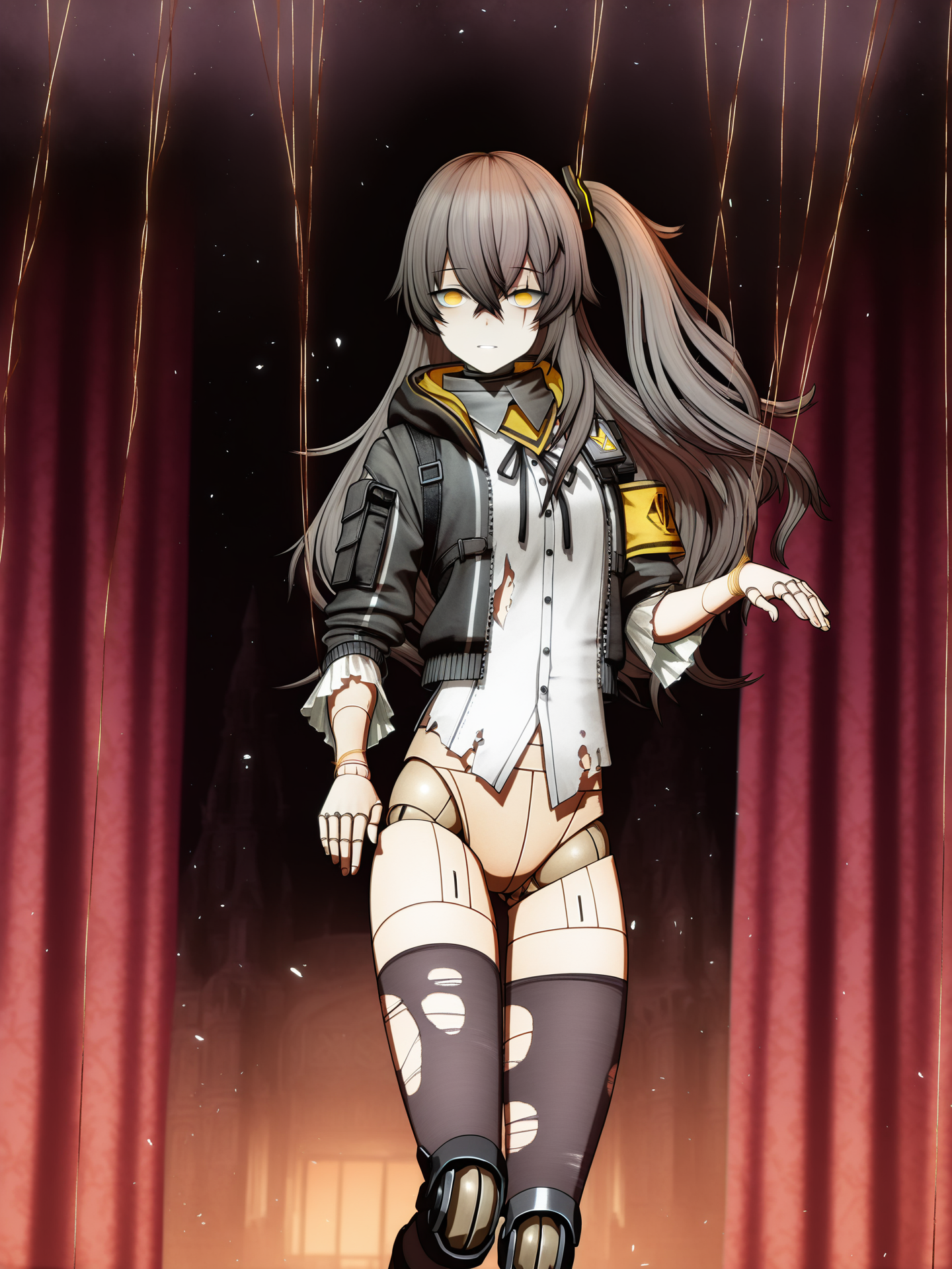 source_anime,masterpiece,best quality,uncensored,detailed shadows,complex background CG,HD wallpaper,extremely detailed,high definition,amazing quality,very aesthetic,absurdres,highres BREAK
intricate details,anime coloring,detailed eyes,anime screencap,anime coloring,anime studio,
1girl,ump45 \(girls' frontline\),hair between eyes,yellow eyes,scar across eye,long hair,brown hair,grey hair,scar on face,black jacket,white shirt,one side up,yellow armband,armband,small breasts,flat chest,black pantyhose,
torn clothes,torn pantyhose,torn shirt,torn thighhighs,
<lora:Puppet Strings:1>,golden string,string,puppet strings,string around wrist,string around neck,string around finger,<lora:MGE_V5.2_IL:0.7>,Living Doll,joints,monster girl,mind control,mind break,
porcelain skin,(glass eyes (empty gaze):1.3),(visible joint sockets (elbows/knees):1.2),puppet strings attached to limbs,
karakuri puppet pose (awkward limb angles),suspended in mid-air,glowing control strings,tilted head (unnatural angle),
dim puppet theater stage,dusty velvet curtains,moonlight through broken roof,floating dust particles,gothic architecture,
hyper-detailed textures,chiaroscuro contrast,<lora:SQ2:1>,3D,SQ2,