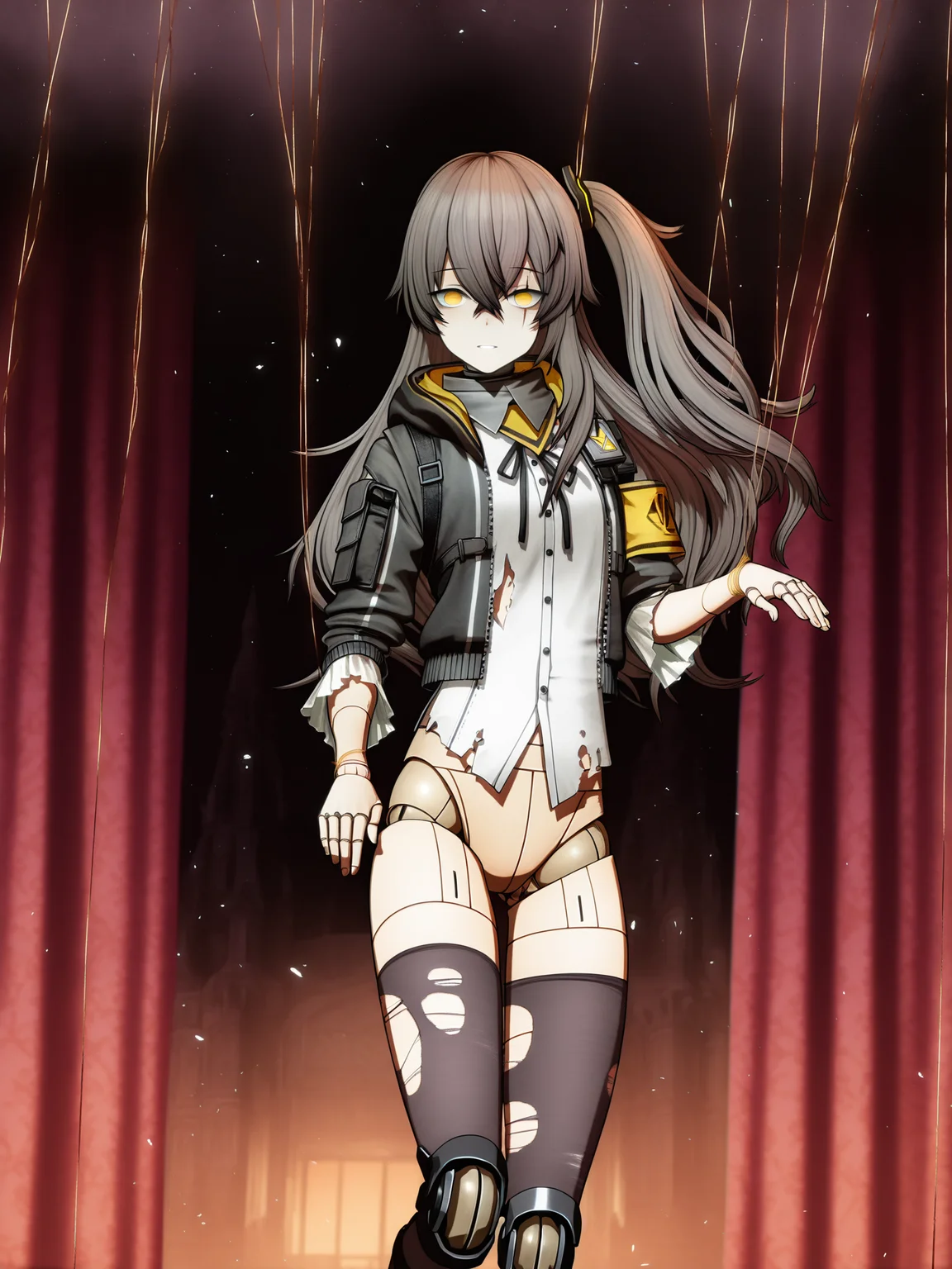 source_anime,masterpiece,best quality,uncensored,detailed shadows,complex background CG,HD wallpaper,extremely detailed,high definition,amazing quality,very aesthetic,absurdres,highres BREAK
intricate details,anime coloring,detailed eyes,anime screencap,anime coloring,anime studio,
1girl,ump45 \(girls' frontline\),hair between eyes,yellow eyes,scar across eye,long hair,brown hair,grey hair,scar on face,black jacket,white shirt,one side up,yellow armband,armband,small breasts,flat chest,black pantyhose,
torn clothes,torn pantyhose,torn shirt,torn thighhighs,
<lora:Puppet Strings:1>,golden string,string,puppet strings,string around wrist,string around neck,string around finger,<lora:MGE_V5.2_IL:0.7>,Living Doll,joints,monster girl,mind control,mind break,
porcelain skin,(glass eyes (empty gaze):1.3),(visible joint sockets (elbows/knees):1.2),puppet strings attached to limbs,
karakuri puppet pose (awkward limb angles),suspended in mid-air,glowing control strings,tilted head (unnatural angle),
dim puppet theater stage,dusty velvet curtains,moonlight through broken roof,floating dust particles,gothic architecture,
hyper-detailed textures,chiaroscuro contrast,<lora:SQ2:1>,3D,SQ2,