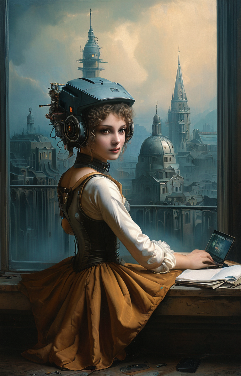 masterpiece,best quality,<lora:tbh152-sdxl:0.8>,illustration,style of Élisabeth Vigée-Lebrun cyberpunk city