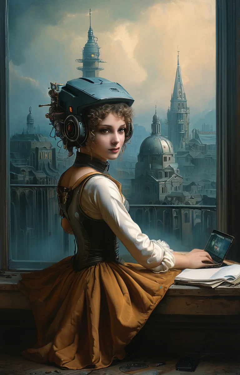 masterpiece,best quality,<lora:tbh152-sdxl:0.8>,illustration,style of Élisabeth Vigée-Lebrun cyberpunk city