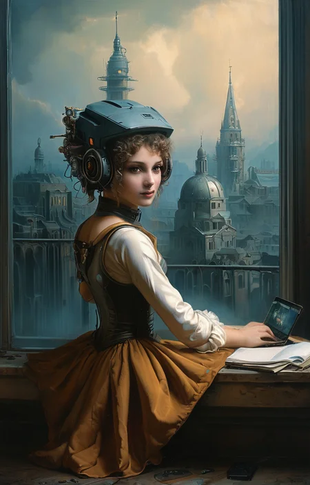 masterpiece,best quality,<lora:tbh152-sdxl:0.8>,illustration,style of Élisabeth Vigée-Lebrun cyberpunk city