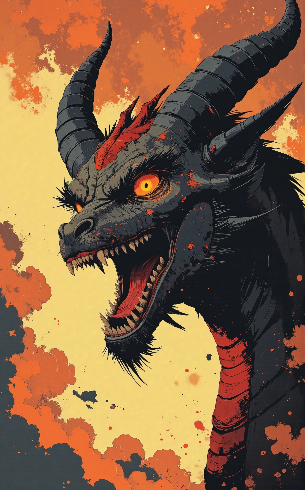 off-center composition, dynamic left aligned composition, The image is a close-up of a dragon's head and neck. The dragon appears to be in a battle-ready stance, with its mouth open wide and its teeth bared. The head is covered in intricate patterns and designs, with two large horns protruding from the top of its head. The horns are made of metal and have a shiny, metallic appearance. The eyes are a piercing yellow color, and the mouth is slightly open, revealing sharp teeth. The background is a cloudy sky, with a hint of orange and yellow hues. The overall mood of the image is intense and powerful., dark and dim light, anime artwork comic anime art by Sakimichan, symbolism art by Edith Rimmington, , Surrealism, fantastic art, dreamlike, ethereal, Digital painting, character design, fantasy . graphic illustration, comic art, graphic novel art, vibrant, highly detailed . anime style, key visual, vibrant, studio anime, highly detailed
