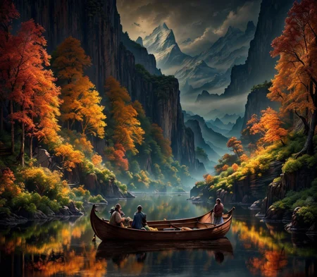 RAW photo, (masterpiece:1.3), subsurface scattering, heavy shadow, (high quality:1.4), (intricate, high detail:1.2), professional photography, HDR, High Dynamic Range, realistic, ultra realistic, photorealistic, high resolution, film photography, ambient lighting, atmospheric effects, <lora:detail_slider_v4:2>, OverallDetail,  <lora:FantasyRiver:1>, fantri, people in a boat on a river, forest, mountains in the background