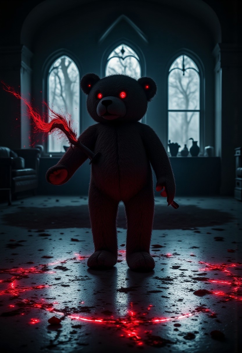 A giant teddy bear on a glowing magic circle as part of a ritual in hell