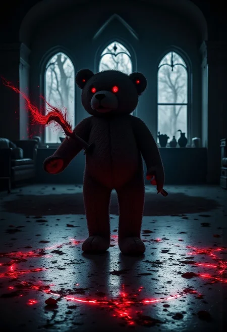 A giant teddy bear on a glowing magic circle as part of a ritual in hell