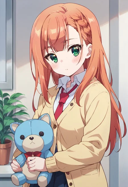 score_9, score_8_up, score_7_up, source_anime, aika natsukawa, long hair, green eyes, orange hair, 1girl, necktie, skirt, green eyes, solo, blush, cardigan, school uniform, braid, looking at viewer, stuffed toy, shirt, stuffed animal, red necktie