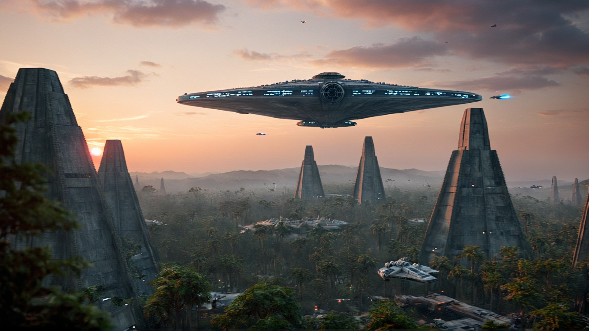 cinematic film still of  <lora:star wars style:0.2>
<lora:detailed:0.4> detailed
<lora:perfection style:0.4> perfect
<lora:PerfectEyesXL:0.5>
 <lora:Chiaroscuro Lighting Style:0.3>
 <lora:Yavin 4:0.9>
Yavin 4 a futuristic city with a spaceship flying over it,in star wars style,outdoors,sky,cloud,tree,no humans,scenery,science fiction,sunset,aircraft,spacecraft, shallow depth of field, vignette, highly detailed, high budget, bokeh, cinemascope, moody, epic, gorgeous, film grain, grainy