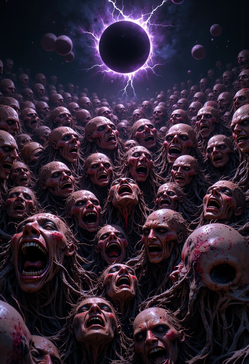 Cinematic wide shot of an endless landscape made of disfigured human faces, grotesquely stitched together with sinewy, vein-like threads. Each face is locked in expressions of torment, mouths frozen in silent screams, eyes wide with despair. Thick black oil pours out their mouth. The patchwork of ashen and bruised flesh tones bleeds dark, oily fluid from the seams. Above, a black sun eclipse casts a sickly light, creating deep shadows that hide subtle movements within the faces. Flickers of violet lightning briefly illuminate the grotesque details. The faces shift slightly, as if struggling against their amalgamation, evoking a sense of nightmarish surrealism. The scene is hyper-detailed with a muted palette of flesh tones, deep shadows, and eerie highlights of red and violet.