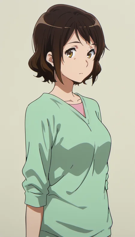 <lora:oumae_akiko:1>,brown hair,short hair,brown eyes,simple background,looking at viewer,medium breasts,