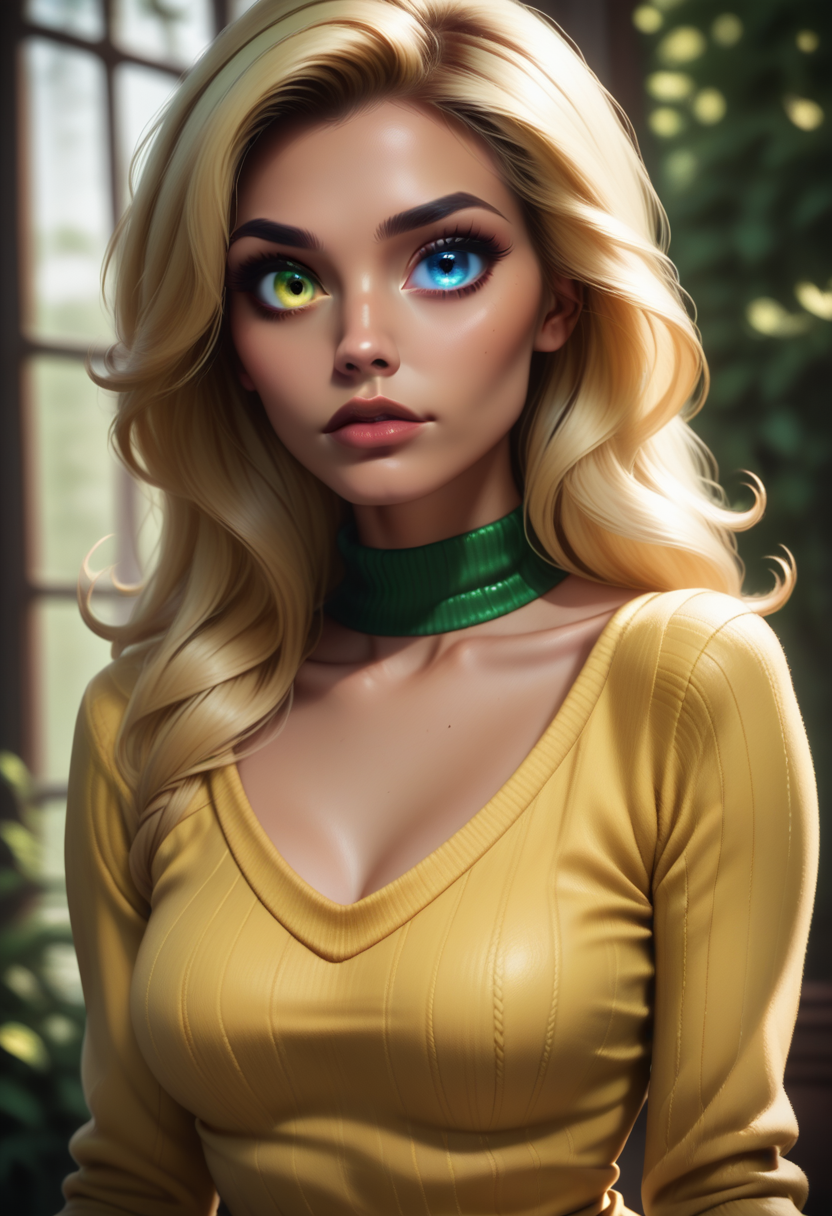 score_9, score_8_up, score_7_up,
1girl, solo, sexy sweater dress, yellow dress, scoop neck, long sleeves, green choker,
 <lora:Dark_Flavia_Pony_v0.1:0.5> d4rkfl4v14, blue eyes, green eyes, heterochromia,