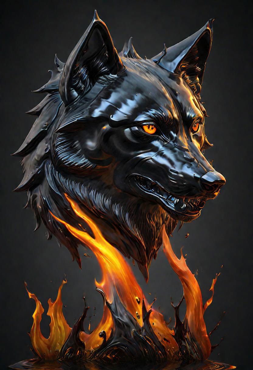 (masterpiece))
a wolf head,
HDR, hyper realistic, 
Black goo,
godly auburn light, flames,