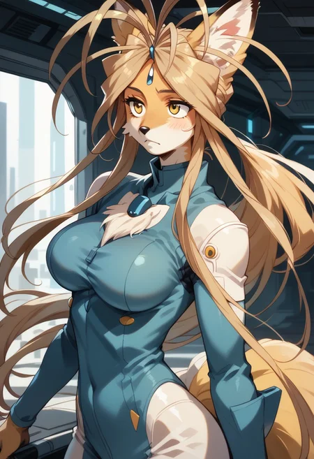 Expressiveh, negative_hand, score_9, score_8_up, score_7_up, belldandy as an (anthro fox),long oval face, short snout, two toned fur, large fox ears, fox tail, animal nose, yellow fur, white facial fur, tan hair, long hair, parted bangs, gold eyes, white triangle forehead gem, large breasts, skintight bodysuit, futuristic bodysuit, standing at attention,