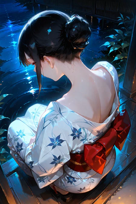 artist:, masterpiece, newest, very aesthetic, very awa, absurdres, highres, 1girl, detailed eye, noble lady, black hair, single hair bun, yukata, senkou hanabi, night, squatting, from behind, from above, neck focus