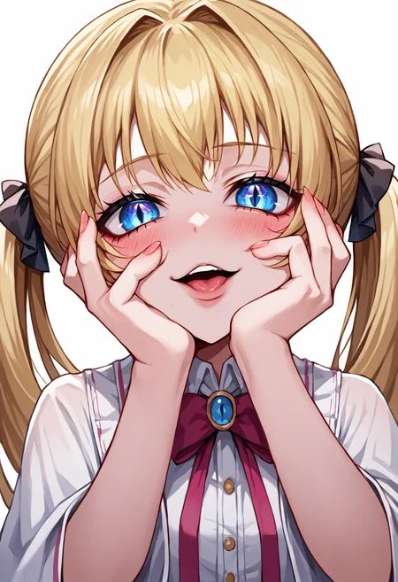 score_9, score_7_up, source_anime, uncensored, zPDXLxxx, <lora:intricate_details:0.5> intricate_details_xl, simple background, face focus, close-up
1girl, blonde hair, twintails, blue eyes, slit pupils, li, looking at viewer, <lora:Yandere_Expression_v1.0:0.75> Yandere trance, hands on own face, hands on own cheeks, looking at viewer, fingernails