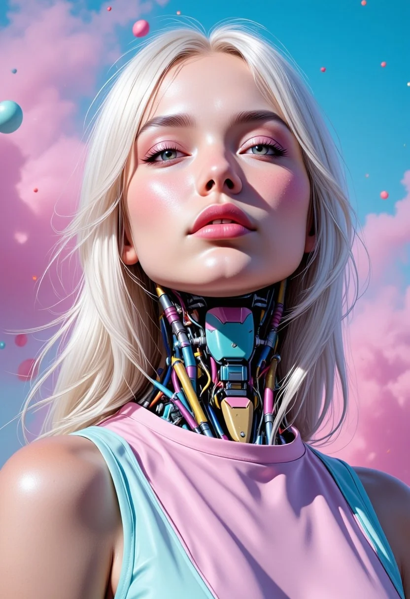 impressionist classical-style painting of a highly detailed, fantasy scene with a dramatic, robotic aesthetic. The central figure is a female robot. Her head and body are made of white, shiny and smooth metal with pastel-colored, exposed wiring going down her neck creating an organic mosaic pattern. She is a pastel, biomechanical robot and there are wires jacked into her face. Her eyes are an intense silver color with light silver eyeshadow, and her lips are a rich, deep pink pastel color. The background is a mix of explosions of powder and smoke in differing pastel colors. A spot light focuses on her from above. Her hair is metallic pastel colored strands that falls around the lower half of the image. She is blending in with the background. She is facing you and looking up into the sky intensely. The overall impression is one of dramatic beauty, with an almost otherworldly quality. (((ultra-realistic style))), realistic soft lighting, dark, eye-catching, atmospheric lighting, natural, shallow depth of field, (highlights: 0.8), high detail (dynamic, cinematic shot, film grain, bokeh, depth of field