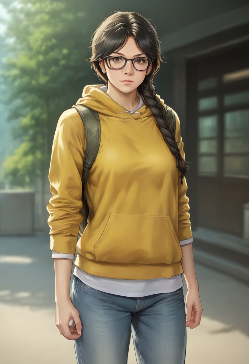 Score_9_up, score_8_up, score_7_up, source_realistic, BREAK 1girl, valerieharmon, black hair, braid, hair over shoulder, glasses, brown eyes, hoodie, hood down, backpack, denim pants,