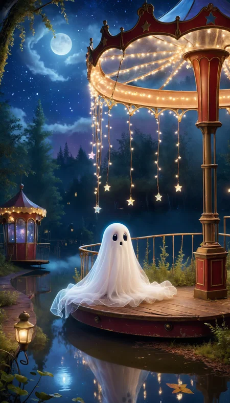 Pixar style, very small sad floating ghost, dot eyes, melancholic expression, floating alone in an abandoned amusement park, night time setting, starry sky, glowing moon, soft natural lighting, whimsical atmosphere, ethereal glow, ultra-quality, fine details, enchanting scene, magical elements, eerie yet peaceful setting, intricate details of rusted rides, overgrown vegetation, broken attractions, glowing remnants of fairy lights, mystical fog, realistic textures, quiet and haunting, harmonious composition, gentle light beams, mystical ambiance, solitude and serenity, tiny and enchanting, miniature scene