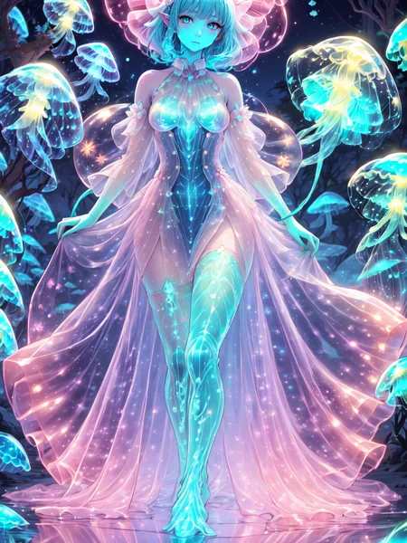 ((best quality)), ((highly detailed)), masterpiece, absurdres, detailed face, beautiful face, (detailed eyes, deep eyes), (1girl), (glasses), full body, <lora:hairdetailer:.7>, (((jellyfish girl))), jellyfish tentacles, (((monster girl))), <lora:ColoredSkin:.4>, colored skin, (teal colored skin), (((tentacle hair))), (colorful hair), (internal glow), bioluminescent, (((transparent skin:1.5))), ((translucent hair)), ((tentacle legs)), medium breasts, <lora:bioluminescent_dress:1>, bioluminescent dress, <lora:EraseGroinSkirt:1>, barefoot, underwater, (on a mountain, morning)