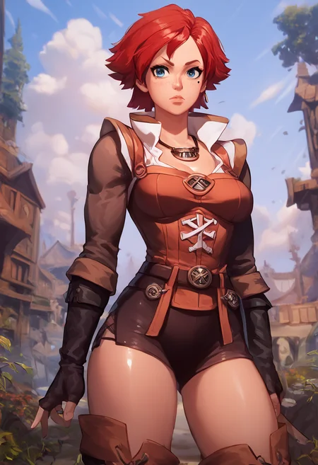 score_9,score_8_up,score_7_up,score_6_up, 1 woman, beautiful thighs, dynamic view, fantasy style, source anime, gothic, <lora:Brita_Overlord:0.9> brita, red hair, 1girl, solo, short hair, blue eyes, tomboy, mole under eye, freckles, necklace, gloves, warrior adventuress, boots, fingerless gloves, hourglass figure, oiled skin, lusty sexy facial expression, lips, beautiful breasts <lora:add-detail-xl:1> <lora:SimplePositive_XL_v1_AutoRunMech:1> <lora:absurdres_quality:1> <lora:Smooth Anime 2 Style SDXL_LoRA_Pony Diffusion V6 XL:1>