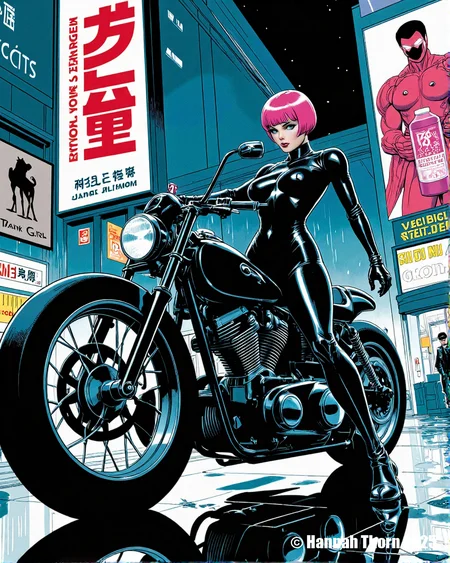 A retro-futuristic comic book cover featuring a stylish cyberpunk biker girl named "Velocity." Velocity has striking emerald green eyes, a short, asymmetrical neon pink haircut, and wears a sleek, black leather catsuit accented with glowing blue circuitry patterns. She's perched on a heavily modified, chrome and neon-lit motorcycle that appears to hover slightly above a rain-slicked Neo-Tokyo street at night. Towering holographic billboards displaying ads for energy drinks and robotic companions fill the background, reflected in the puddles below. A speeding monorail train streaks across the upper part of the frame. The overall art style is inspired by Katsuhiro Otomo (Akira) mixed with Jamie Hewlett (Tank Girl), employing bold lines, dynamic perspective, and a vibrant, oversaturated color palette. Sharp focus, dramatic lighting with strong rim lighting, and a slight halftone pattern enhance the comic book aesthetic. Illustration, digital art, high resolution, cinematic lighting, cyberpunk art, vibrant, dynamic composition, art by [Artist Name] 2077. <lora:_Flux\_Painting\Flux_Crepax.safetensors:1.0:1.0>