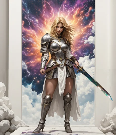 HKStyle,Envision a striking woman in battle-worn, white armor, her presence exuding both strength and grace within a minimalist, pure white sanctum. Her armor, though predominantly pristine, is artfully adorned with a cascade of celestial motifs and intricate filigree that shimmer with a subtle iridescence. In her hand, a formidable sword with an ornate hilt and a blade that reflects a kaleidoscope of ethereal colors, as if forged from the very essence of light. The wall behind her comes alive with an explosion of vibrant, cosmic paint splatters, reminiscent of a supernova, with hues of deep purples, fiery oranges, and celestial blues that create a stark contrast against the white room and armor. The vivid paint seems to be in motion, with droplets suspended in the air, capturing the aftermath of a mythical battle. Her stance is one of defiant beauty, eyes that tell tales of ancient wars, her hair a flowing tapestry of gold that catches the light of the surrounding chaos. The scene is imbued with an otherworldly glow, adding a sense of surreal drama to the composition, making it not just a picture, but a story of the cosmos itself woven into the very fabric of her being