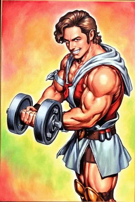 masterpiece, best quality, amazing quality, very aesthetic, absurdres, newest,cyb88, traditional media, gohheracilxl, 1boy, brown hair, (((loose curl))), sideswept hair, smile, grin, male focus, belt, muscular, sandals, red underneath vest, brown shorts, ((white toga)), single cloth armband, leg bandages, bulging muscles, greaves, belt buckle, sideburns, swan pose, simple colorful background, grin, clenched fists, aged up, solo, holding dumbbell, holding, training, side view, from side, looking at viewer