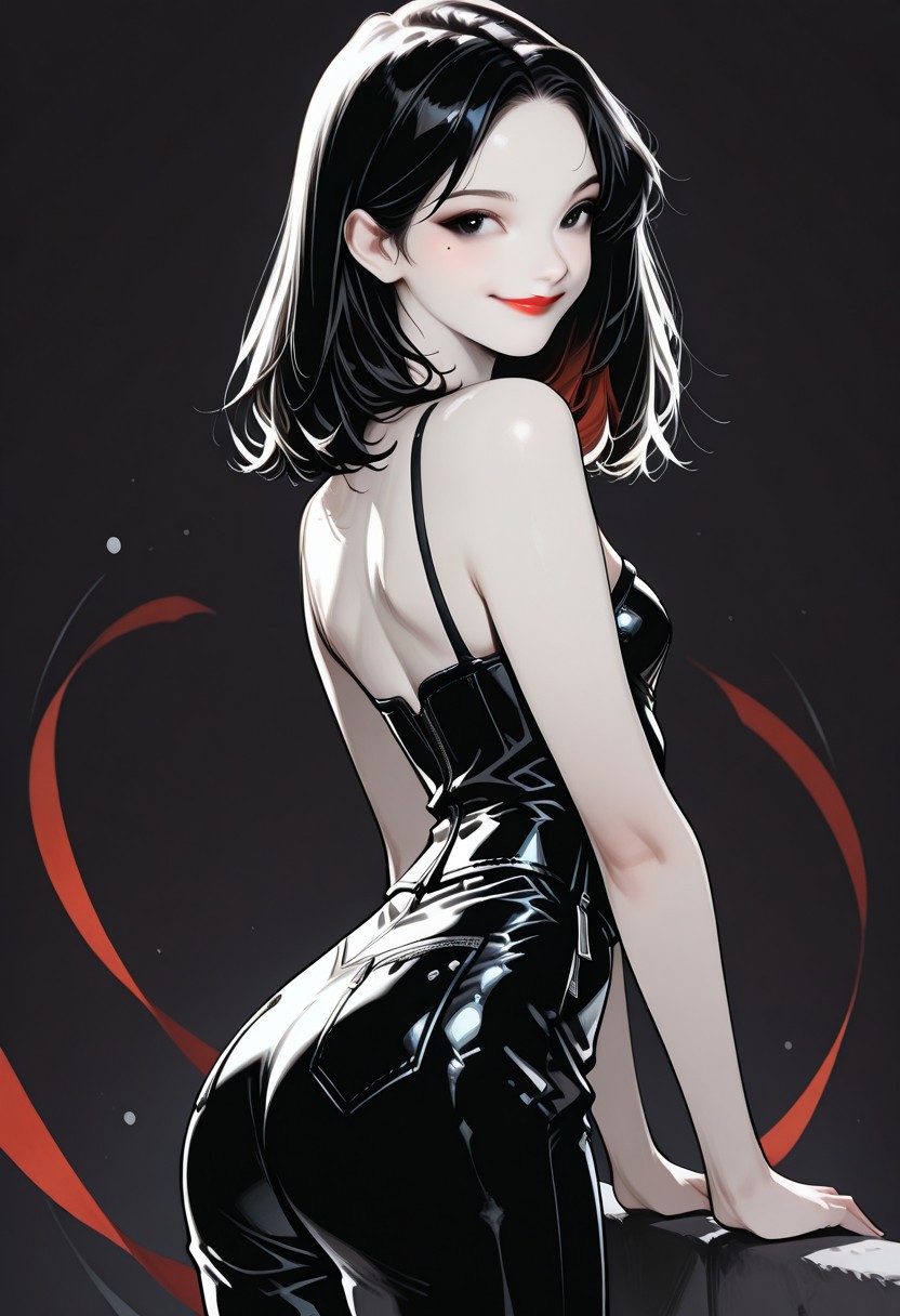 masterpiece, best quality, 32k, high resolution, absurdres, HD32k, masterpiece,  Mathilde, MathildeRH, asian girl, solo, 1girl, black hair, parted hair, medium hair,  double_tendrils, two-tone_hair (red-black), dark eyes, Asian eyes, slim, small perky breasts, posing, soft light, indoor, cowboy shot, looking at the viewer, detailed lips, dark makeup, eyeliner, red lips, flirty, mole under eye, pale skin, expressive, posing sexy, black leather bustier, midriff, leather pants, little smile, side view,
