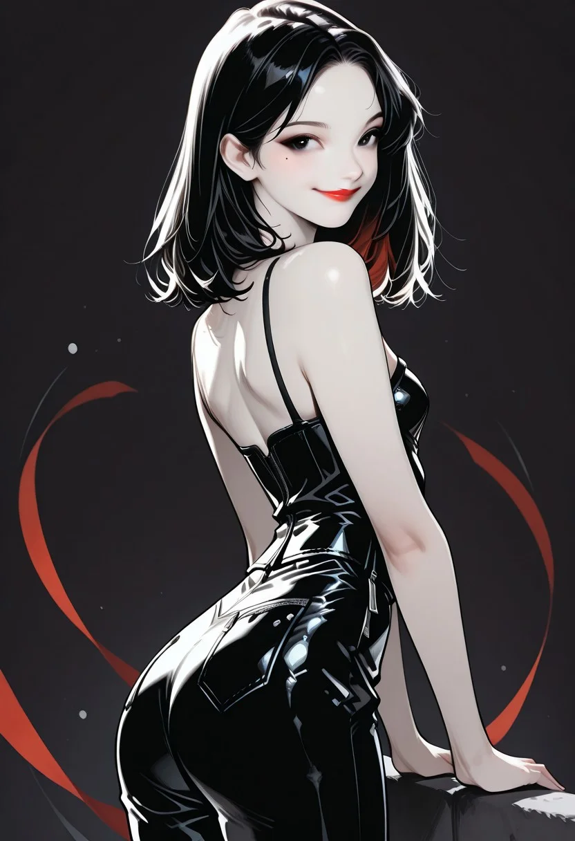 masterpiece, best quality, 32k, high resolution, absurdres, HD32k, masterpiece, Mathilde, MathildeRH, asian girl, solo, 1girl, black hair, parted hair, medium hair, double_tendrils, two-tone_hair (red-black), dark eyes, Asian eyes, slim, small perky breasts, posing, soft light, indoor, cowboy shot, looking at the viewer, detailed lips, dark makeup, eyeliner, red lips, flirty, mole under eye, pale skin, expressive, posing sexy, black leather bustier, midriff, leather pants, little smile, side view,