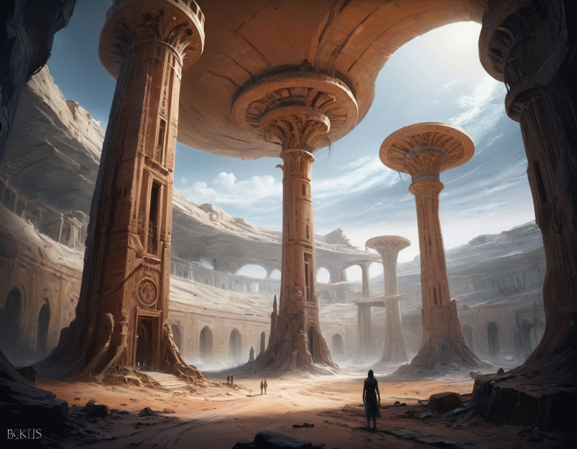 Amidst the ruins, I wandered through endless tunnels carved into the heart of sandstone edifices, each turn revealing new wonders â remnants of an advanced civilization that once thrived on this barren world, b3ks1n