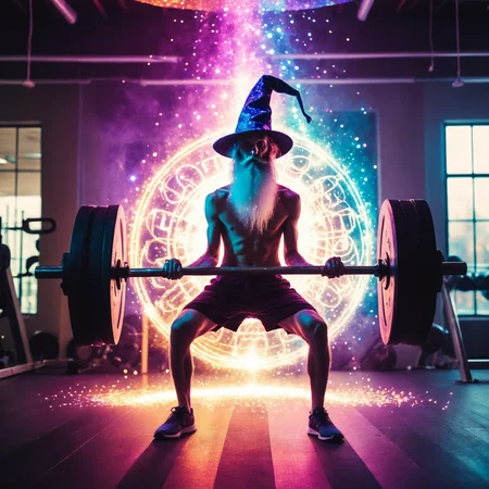A (Skinny:1.2) wizard with a wizard hat lifting heavy weights at the gym, surrounded by swirling magical auras, colors contrast between mundane gym equipment and vivid magical effects, style slightly surreal, mood humorous, lighting spotlight on the wizard with magical flares, texture realistic gym environment and sparkling magical energy, high resolution