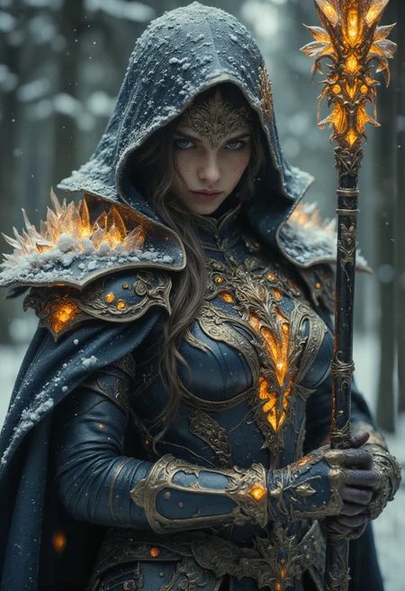 Extreme Upper Body Closeup Portrait, Vibrant Amber and golden-black color graded, AmanoER, analog Photo of a wizard with a staff full of crystals, the crystals are round golden amber, hkevil ninja-goddess, action pose, featuring a stylized, a ninja with translucent Amber ice-based powers. He is depicted standing in a snowy, shadowy background., giving an action pose, Casting a spear Made of ICE and frost. The blue dark-orange-yellow outlines and defines the character's muscular physique, ornate suit of armor. The armor includes a translucent amber and black chest piece with intricate Design.