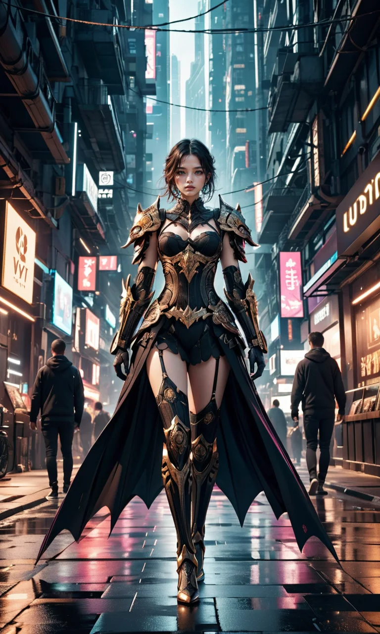 4n1v3rs3, zPDXL2, Gothic art, dark tones, intricate details, dramatic lighting, high contrast, medieval influence, ornate, mysterious, detailed armor, cyberpunk elements, cityscape, atmospheric, moody, haunting beauty, sharp shadows, textured, (dynamic pose:1.4), depth of field, gold embedded, SimplePositiveXLv2, <lora:add-detail-xl:2>