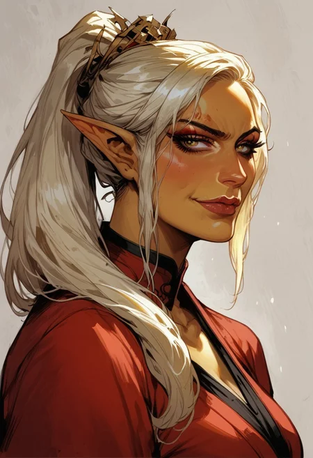 score_9, score_8_up, score_7_up, BREAK,
1girl, mature and imposing, 30 years old, portrait, beautiful, Elf wizard, (((asian, asian woman, golden colored skin, tanned skin, tanned, sunbathed, sunbathed skin))), evil, villain, blonde hair, medium brests, golden eyes, mature, mature woman, long ponytail, single ponytail, side bangs, modest clothing, red fantasy toga, red kimono, closed mouth, arrogant, smirk, <lora:Fant5yP0ny:0.6> <lora:fantasy_world_pony:0.9>
<lora:Cherry-Gig:0.55>