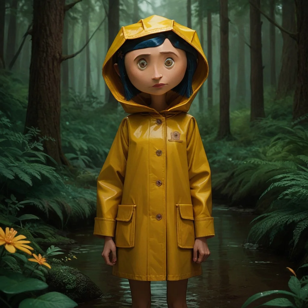 score_9, score_8_up, score_7_up, score_6_up, score_5_up, score_4_up, 1girl, CoralineClay, yellow raincoat, in a forest
