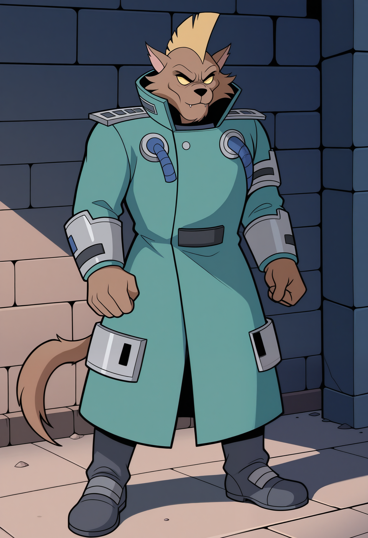 masterpiece,best quality,amazing quality, 1boy, solo, s_h4rd dr1v3, furry, brown fur, colored sclera, no pupils, coat, pauldrons, vambraces, tail, yellow mohawk, full body,