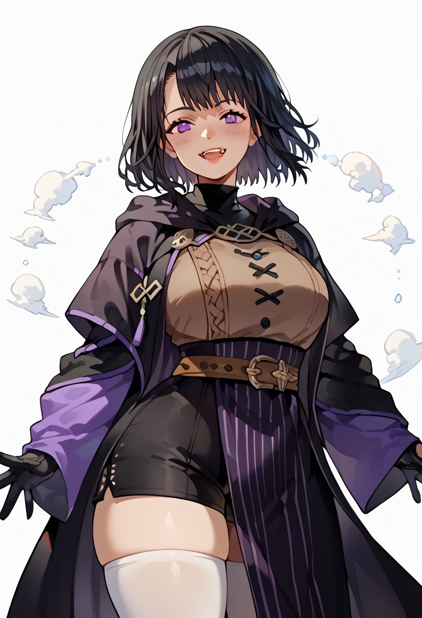 score_9. score_8_up. score_7_up. score_6_up. score_5_up. score_4_up, source_anime, 1girl, solo, calm, smile, smirk, seductive, squinted eyes, blushing, open mouth, 1girl, very_massive breasts, wide hips, thin waist, thick thighs, morgan_(female)_(fire_emblem), black hair, medium hair, bangs, purple eyes, purple robe, black robe, hooded robe, open robe, brown corset, white shirt, black shorts, black gloves, (((brown belt))), white stockings, cowboy shot, white background, <lora:ebora-Style-PonyXL-GLoRA-000049:1>, there is a lack of fire