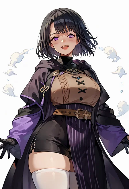score_9. score_8_up. score_7_up. score_6_up. score_5_up. score_4_up, source_anime, 1girl, solo, calm, smile, smirk, seductive, squinted eyes, blushing, open mouth, 1girl, very_massive breasts, wide hips, thin waist, thick thighs, morgan_(female)_(fire_emblem), black hair, medium hair, bangs, purple eyes, purple robe, black robe, hooded robe, open robe, brown corset, white shirt, black shorts, black gloves, (((brown belt))), white stockings, cowboy shot, white background, <lora:ebora-Style-PonyXL-GLoRA-000049:1>, there is a lack of fire