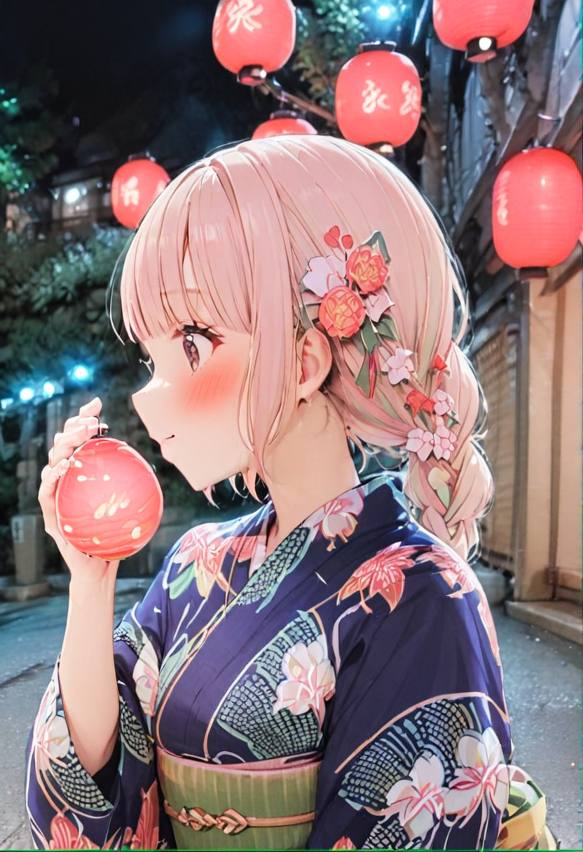 masterpiece, best quality, very aesthetic, absurdres,
mizufusen, 1girl, japanese clothes, solo, glasses, yukata, hair ornament, flower, hair flower, holding, smile, upper body, profile, bangs, sash, floral print, black hair, hand up, obi, blunt bangs, closed mouth, from side, braid, blush, pink flower, green kimono, night, summer, paper lantern, blurry background, 
 <lora:mizufusen_SDXL_V1:1>