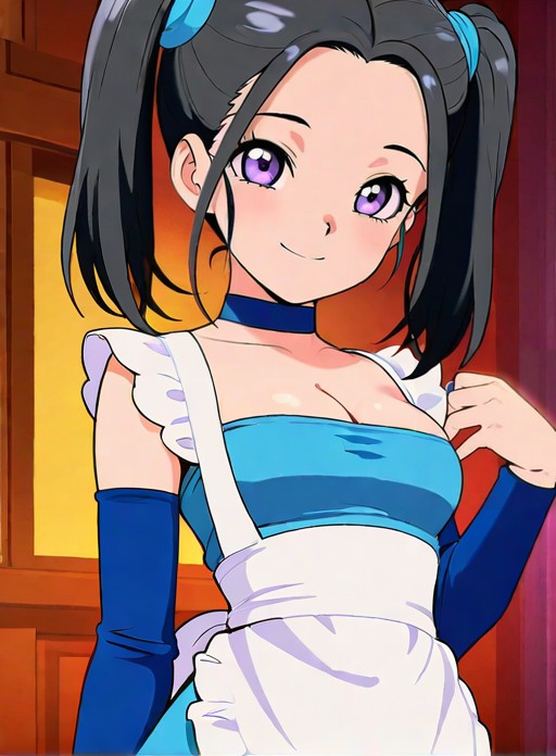 masterpiece, best quality, amazing quality,<lora:Bouquetil-0:0.8>,bouquetbd, black hair, twintails, purple eyes, cleavage,  blue choker, strapless dress, white apron, detached sleeves, white thighhighs, blue footwear,twintails, purple eyes,anime screenshot, upper body, smile,  cleavage
