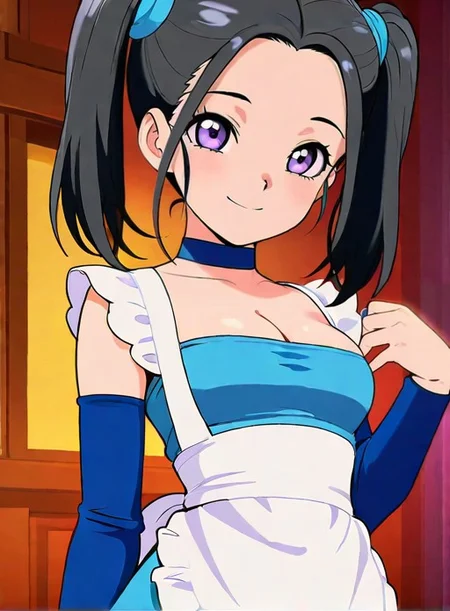 masterpiece, best quality, amazing quality,<lora:Bouquetil-0:0.8>,bouquetbd, black hair, twintails, purple eyes, cleavage, blue choker, strapless dress, white apron, detached sleeves, white thighhighs, blue footwear,twintails, purple eyes,anime screenshot, upper body, smile, cleavage