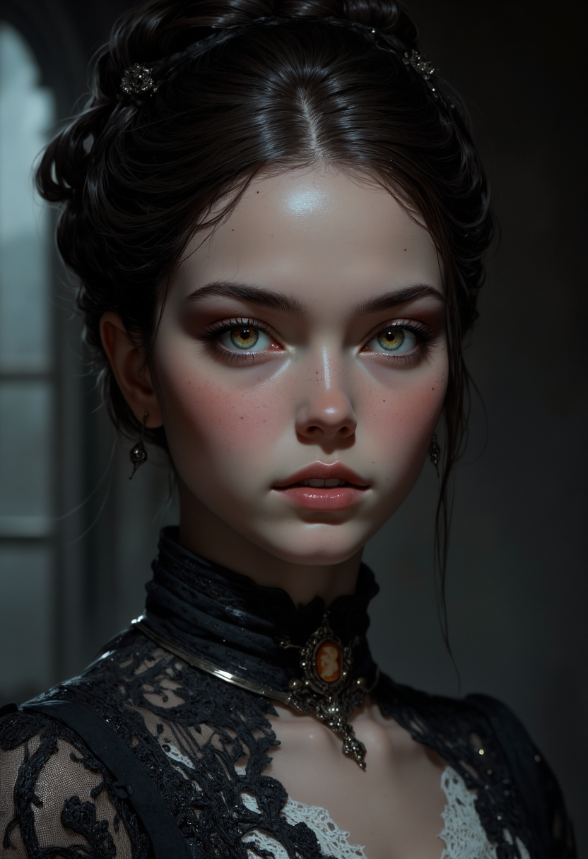 A high-resolution, close-up portrait of a young woman in her early twenties with a soft, innocent expression, exuding a sense of Victorian elegance. She has fair, porcelain skin and wide, doe-like eyes that sparkle with a hint of mystery. Her lips are painted a gentle rose shade, slightly parted to reveal the faintest glimpse of sharp, delicate fangs, hinting at her hidden vampiric nature. Her dark, wavy hair is styled in an elegant Victorian updo adorned with a lace ribbon. She wears a vintage, high-collared dress with intricate lace details and a cameo brooch at her neck, evoking both innocence and old-world charm. The background is dimly lit, with shadows that seem to subtly encroach, adding an eerie, gothic atmosphere to the scene. Soft, diffused lighting highlights her delicate features, casting a gentle glow over her pale complexion, giving her an ethereal, haunting beauty that feels both inviting and unsettling
<lora:CPA:0.6>avy-drkcnmtc, low-key lighting, atmospheric haze, underexposed, cinematic darkness, deep shadows . futuristic, technological, cybernetic enhancements, <lora:artisketchyfs-v02:0.5> <lora:FluxMythV2:0.7> . shallow depth of field, vignette, highly detailed, high budget, bokeh, cinemascope, moody, epic, gorgeous, film grain, grainy . dark, mysterious, haunting, dramatic, ornate, detailed